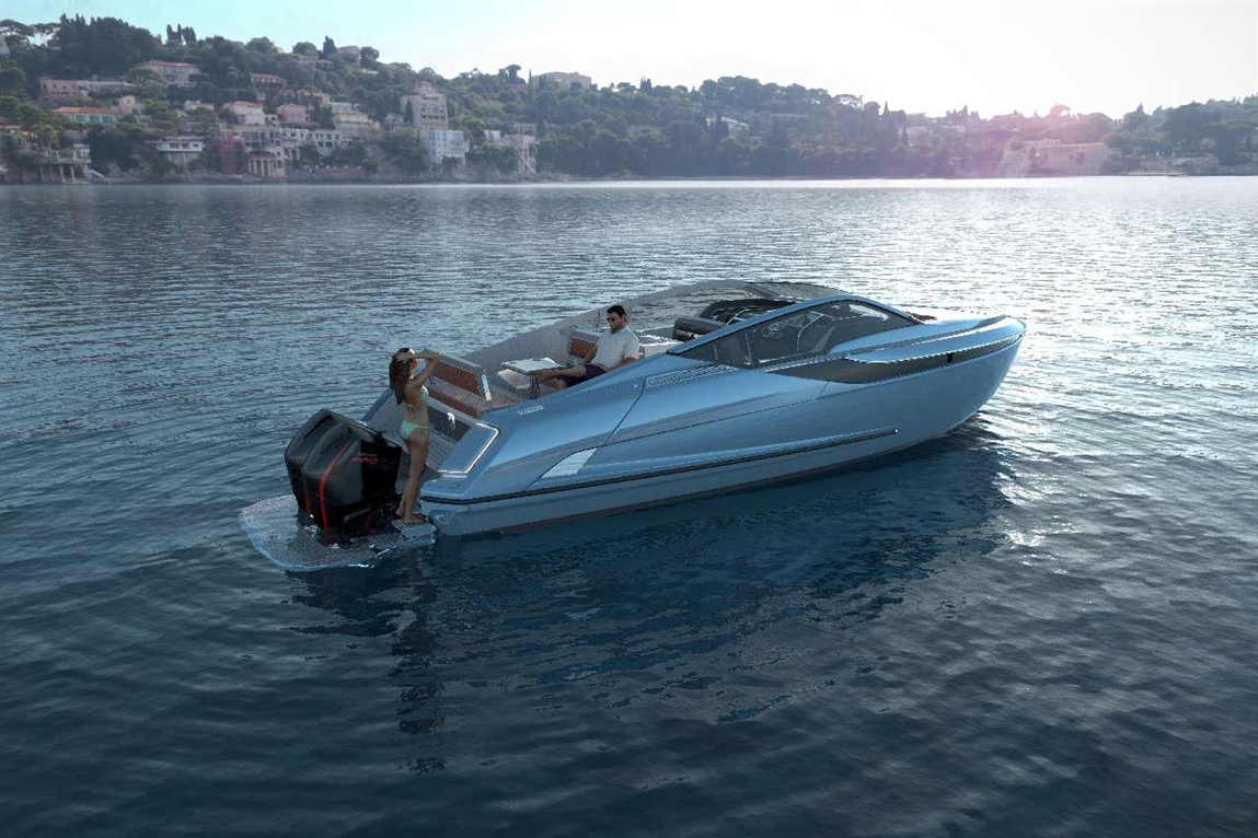 A sleek motorboat on calm water, with a woman in a swimsuit onboarding and a man relaxing at the helm, scenic backdrop.